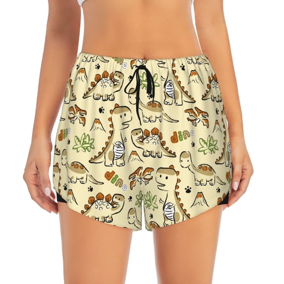 Bixox Women's Cartoon Dinosaurs pattern 2 in 1 Running Shorts - Lightweight Athletic Workout Gym Yoga Shorts Liner with Pockets - Small