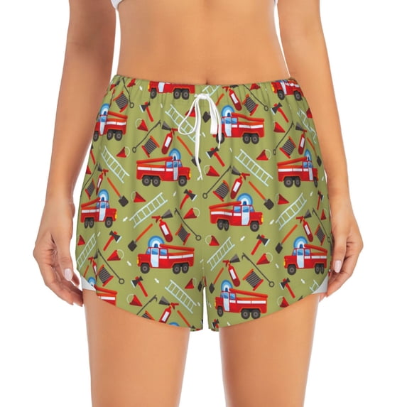 Bixox Women's Cartoon Fire Truck pattern 2 in 1 Running Shorts - Lightweight Athletic Workout Gym Yoga Shorts Liner with Pockets - Medium