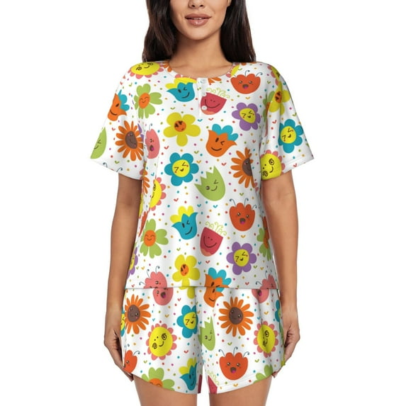 Bixox Women's Cartoon Flowers Printed Pajama Set 2 Piece Lounge Set Top and Shorts Soft Pajamas, Shorts with Pockets