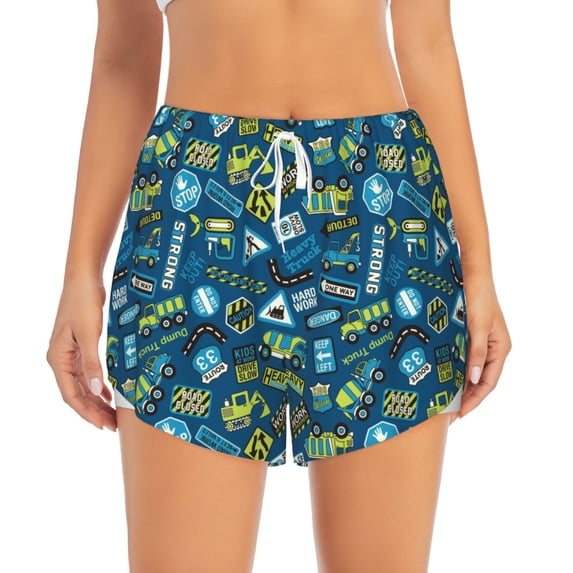 Bixox Women's Machinery Road Construction pattern 2 in 1 Running Shorts - Lightweight Athletic Workout Gym Yoga Shorts Liner with Pockets - Medium
