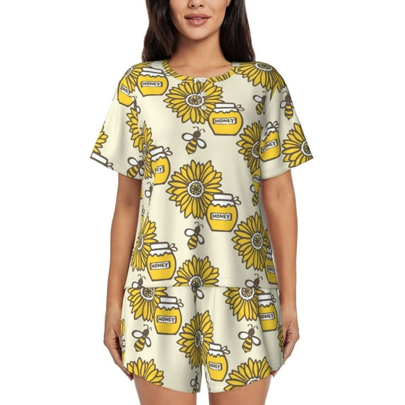 Bixox Women's Cartoon Honey Pot Bee Sunflower Printed Pajama Set 2 Piece Lounge Set Top and Shorts Soft Pajamas, Shorts with Pockets