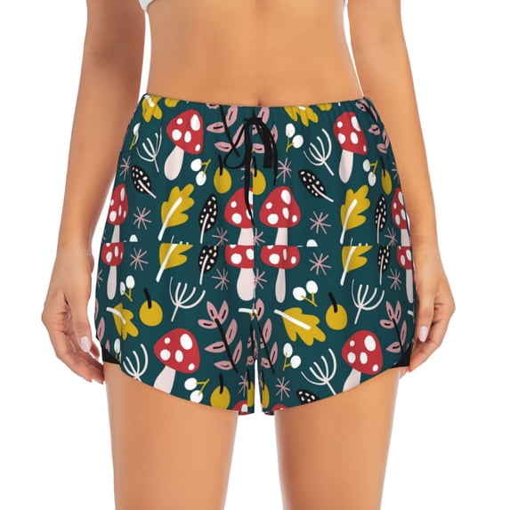 Bixox Women's Cartoon Leaf Mushroom Red pattern 2 in 1 Running Shorts - Lightweight Athletic Workout Gym Yoga Shorts Liner with Pockets - XX-Large