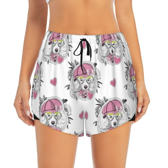 Bixox Women's Cartoon Poodle Dog pattern 2 in 1 Running Shorts - Lightweight Athletic Workout Gym Yoga Shorts Liner with Pockets -