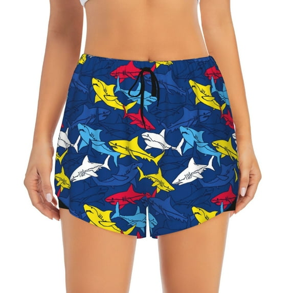 Bixox Women's Cartoon Shark pattern 2 in 1 Running Shorts - Lightweight Athletic Workout Gym Yoga Shorts Liner with Pockets - Medium