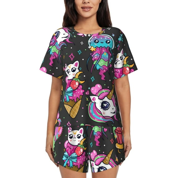 Bixox Women's Cat Icecream Printed Pajama Set 2 Piece Lounge Set Top and Shorts Soft Pajamas, Shorts with Pockets