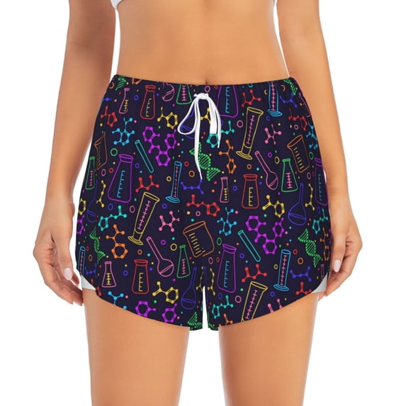 Bixox Women's Chemistry Science pattern 2 in 1 Running Shorts - Lightweight Athletic Workout Gym Yoga Shorts Liner with Pockets - Medium
