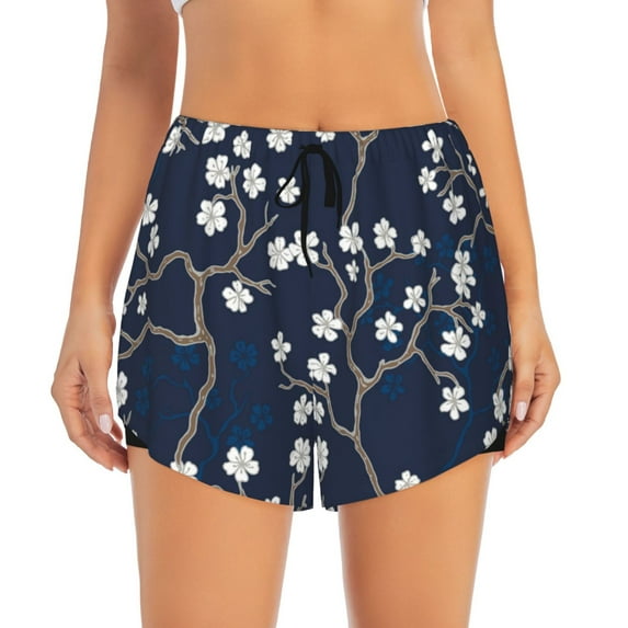 Bixox Women's Cherry Blossoms on Navy Background pattern 2 in 1 Running Shorts - Lightweight Athletic Workout Gym Yoga Shorts Liner with Pockets - XX-Large
