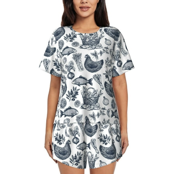 Bixox Women's Chicken And Fish Printed Pajama Set 2 Piece Lounge Set Top and Shorts Soft Pajamas, Shorts with Pockets