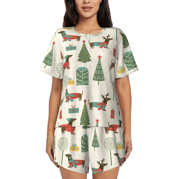 Bixox Women's Christmas Dachshund Dog Printed Pajama Set 2 Piece Lounge Set Top and Shorts Soft Pajamas, Shorts with Pockets