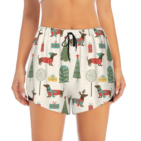Bixox Women's Christmas Dachshund Dog pattern 2 in 1 Running Shorts - Lightweight Athletic Workout Gym Yoga Shorts Liner with Pockets - Small