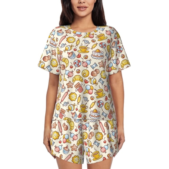 Bixox Women's Coffee Donuts Printed Pajama Set 2 Piece Lounge Set Top and Shorts Soft Pajamas, Shorts with Pockets