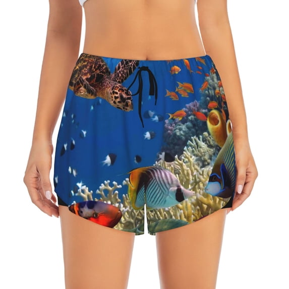 Bixox Women's Colorful Coral Reef pattern 2 in 1 Running Shorts - Lightweight Athletic Workout Gym Yoga Shorts Liner with Pockets - X-Large