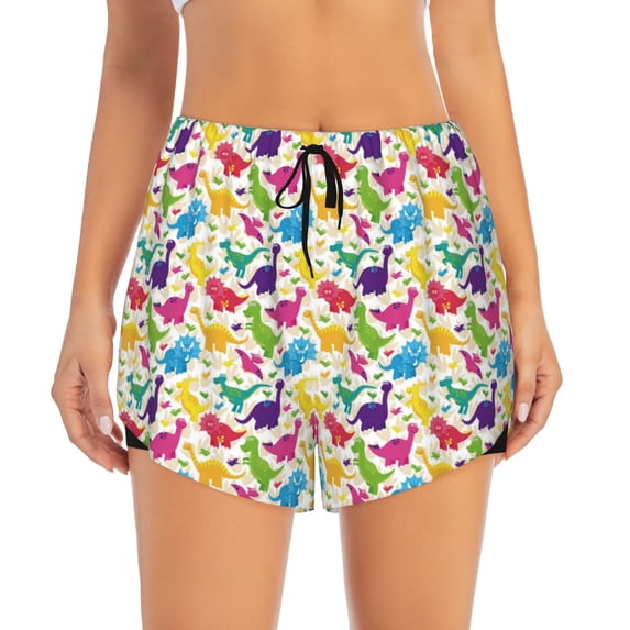 Bixox Women's Colorful Dinosaurs pattern 2 in 1 Running Shorts - Lightweight Athletic Workout Gym Yoga Shorts Liner with Pockets - Large