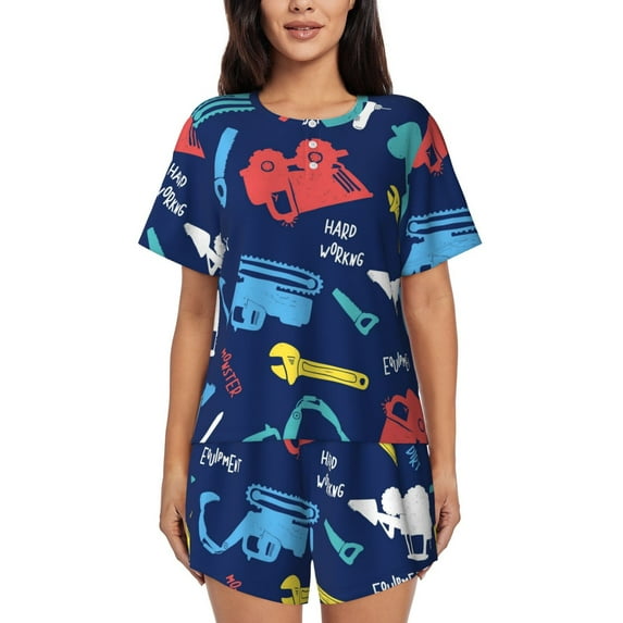 Bixox Women's Colorful Excavator Printed Pajama Set 2 Piece Lounge Set Top and Shorts Soft Pajamas, Shorts with Pockets
