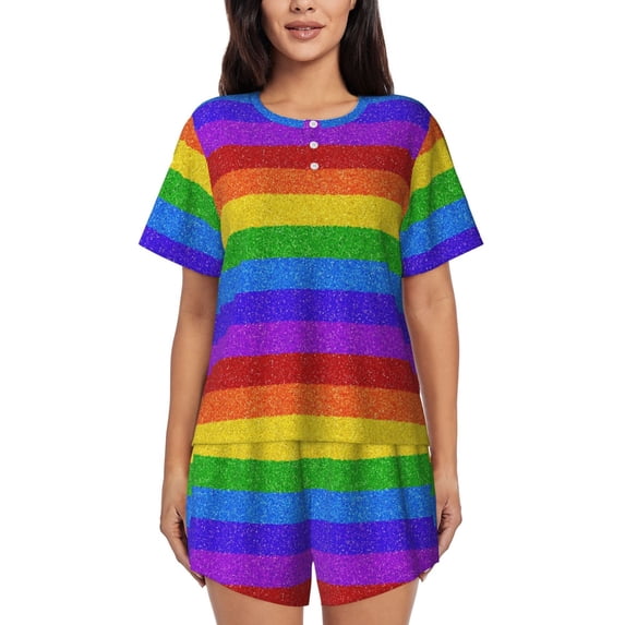 Bixox Women's Colorful Glitter Rainbow Printed Pajama Set 2 Piece Lounge Set Top and Shorts Soft Pajamas, Shorts with Pockets
