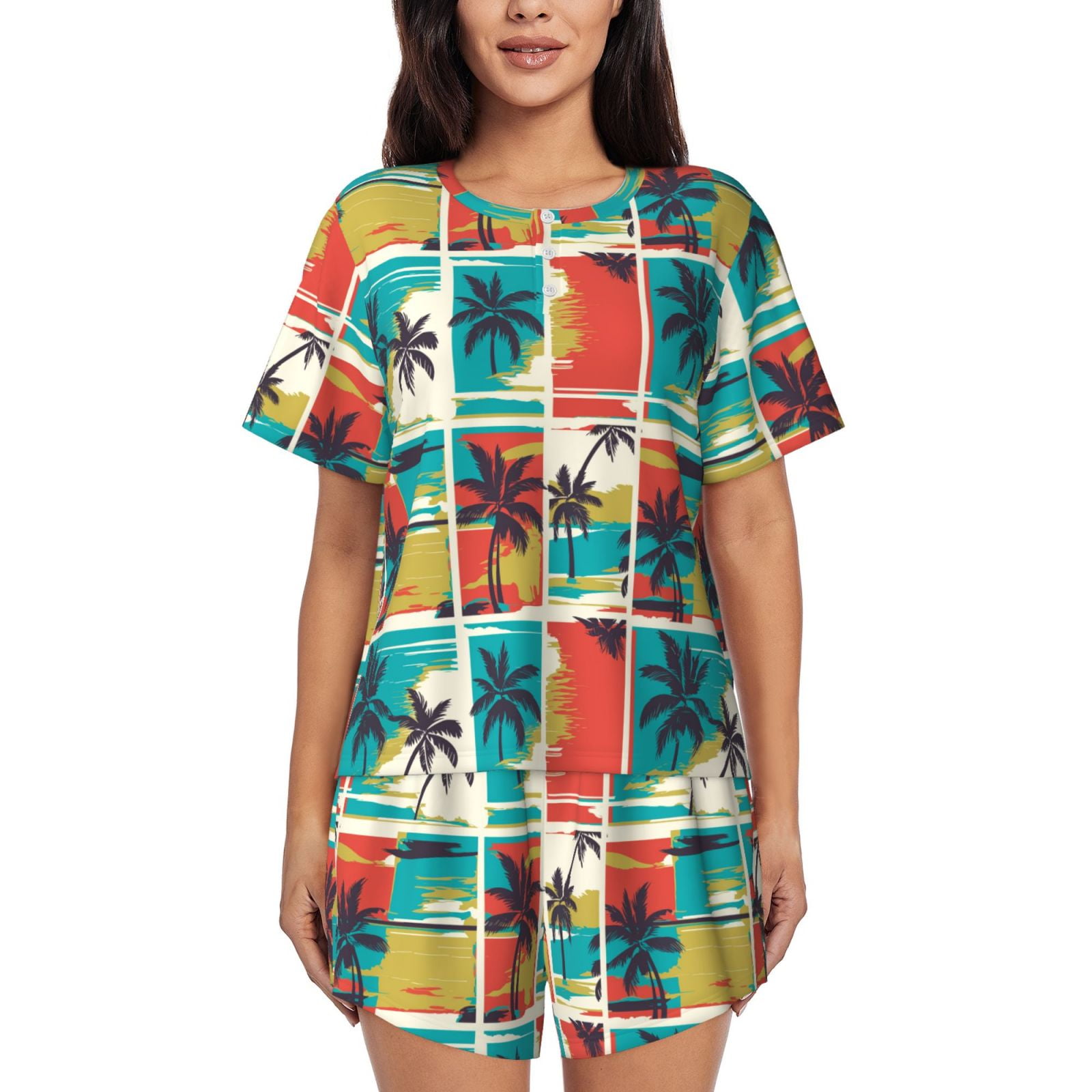 Bixox Women's Colorful Hawaii Palms Printed Pajama Set 2 Piece Lounge