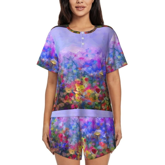 Bixox Women's Colorful Purple Cosmos Flower Printed Pajama Set 2 Piece Lounge Set Top and Shorts Soft Pajamas, Shorts with Pockets