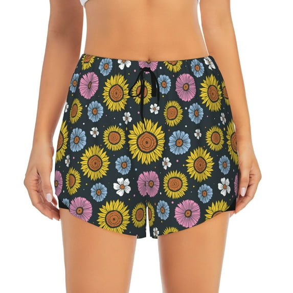 Bixox Women's Colorful Sunflowers pattern 2 in 1 Running Shorts - Lightweight Athletic Workout Gym Yoga Shorts Liner with Pockets - Large