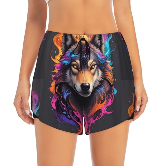 Bixox Women's Colorful Wolf Head pattern 2 in 1 Running Shorts - Lightweight Athletic Workout Gym Yoga Shorts Liner with Pockets - XX-Large