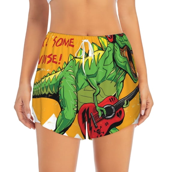 Bixox Women's Cool Dinosaur Playing Guitar pattern 2 in 1 Running Shorts - Lightweight Athletic Workout Gym Yoga Shorts Liner with Pockets - XX-Large