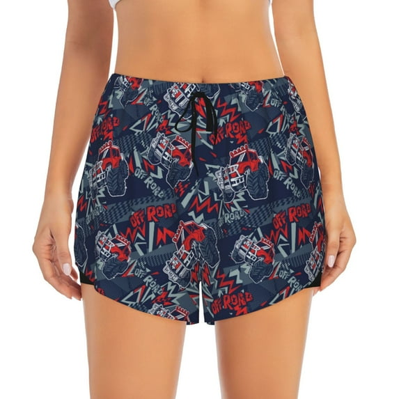 Bixox Women's Cool Red Off-Road Vehicle pattern 2 in 1 Running Shorts - Lightweight Athletic Workout Gym Yoga Shorts Liner with Pockets - Large