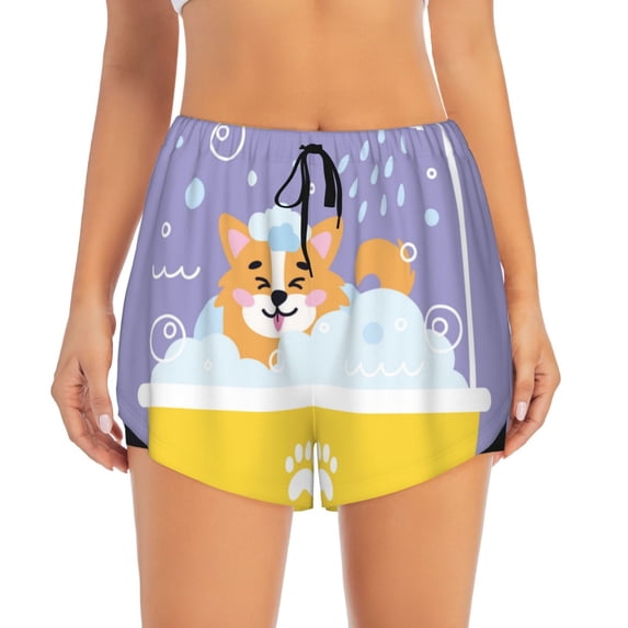 Bixox Women's Corgi Washing in Bathtub pattern 2 in 1 Running Shorts - Lightweight Athletic Workout Gym Yoga Shorts Liner with Pockets - Large