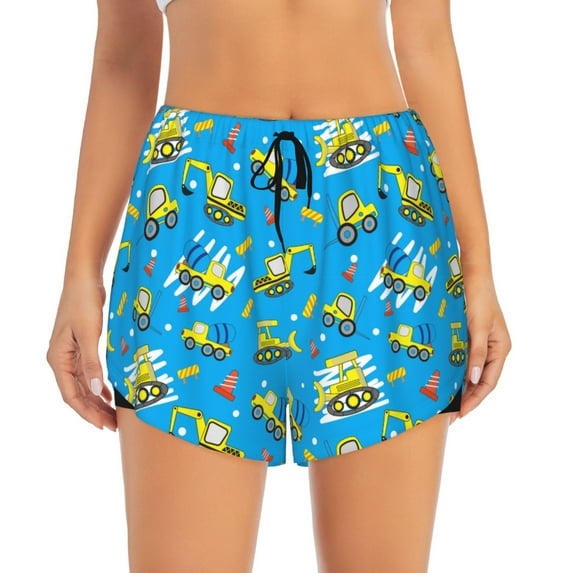 Bixox Women's Cute Car Cartoon pattern 2 in 1 Running Shorts - Lightweight Athletic Workout Gym Yoga Shorts Liner with Pockets -