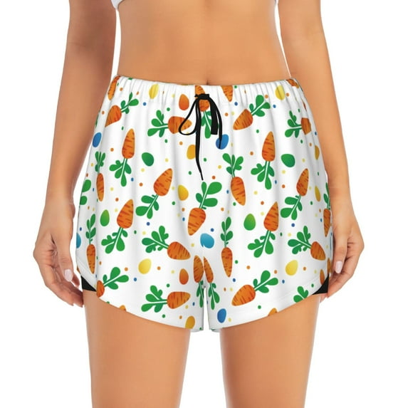 Bixox Women's Cute Carrot pattern 2 in 1 Running Shorts - Lightweight Athletic Workout Gym Yoga Shorts Liner with Pockets - Small
