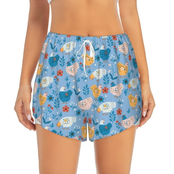 Bixox Women's Cute Chickens and Flowers pattern 2 in 1 Running Shorts - Lightweight Athletic Workout Gym Yoga Shorts Liner with Pockets - Large