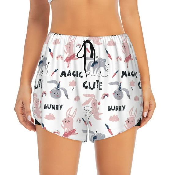 Bixox Women's Cute Magic Bunny pattern 2 in 1 Running Shorts - Lightweight Athletic Workout Gym Yoga Shorts Liner with Pockets - X-Large