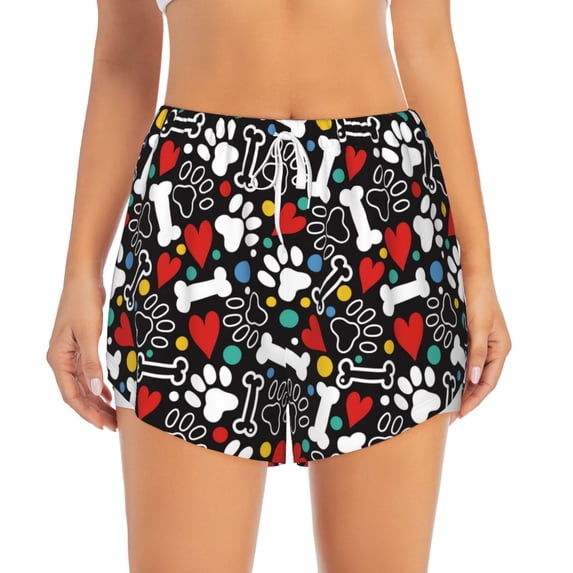Bixox Women's Cute Puppy Footprints pattern 2 in 1 Running Shorts - Lightweight Athletic Workout Gym Yoga Shorts Liner with Pockets - X-Large