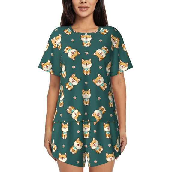Bixox Women's Cute Shiba Printed Pajama Set 2 Piece Lounge Set Top and Shorts Soft Pajamas, Shorts with Pockets