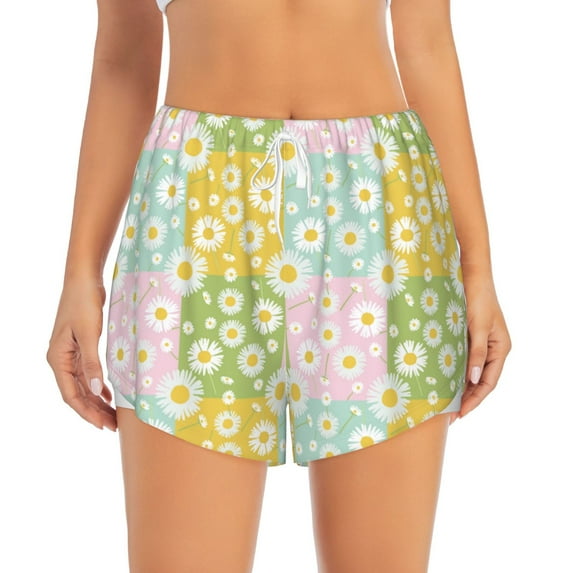 Bixox Women's Daisies Flowers pattern 2 in 1 Running Shorts - Lightweight Athletic Workout Gym Yoga Shorts Liner with Pockets - Medium
