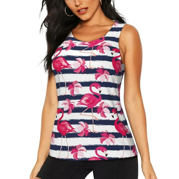 Bixox Women's Dark Blue Stripes and Flamingos Printed Sleeveless Fitness Workout Running Quick-Dry Tank Top