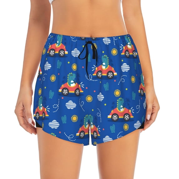 Bixox Women's Dinosaur Driving pattern 2 in 1 Running Shorts - Lightweight Athletic Workout Gym Yoga Shorts Liner with Pockets - XX-Large