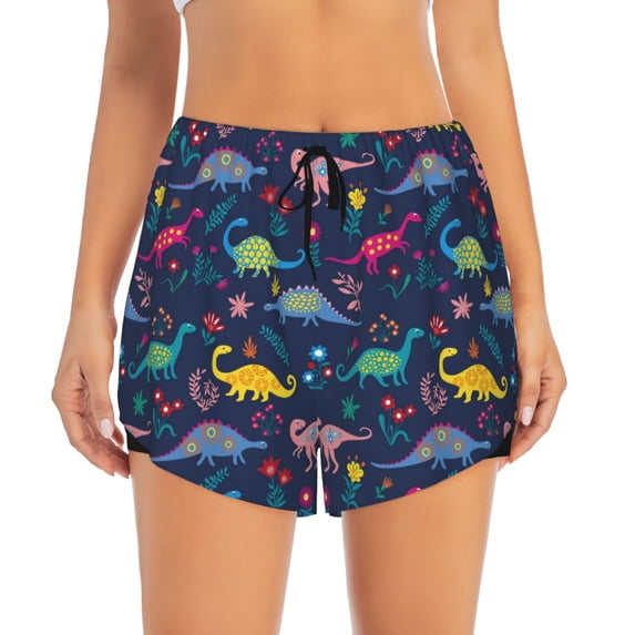 Bixox Women's Dinosaur Flowers pattern 2 in 1 Running Shorts - Lightweight Athletic Workout Gym Yoga Shorts Liner with Pockets - XX-Large