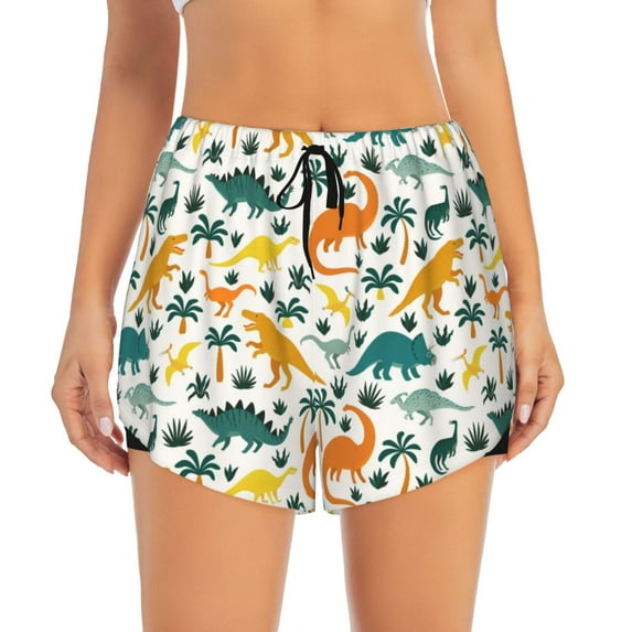 Bixox Women's Dinosaurs and Tropical Leaves pattern 2 in 1 Running Shorts - Lightweight Athletic Workout Gym Yoga Shorts Liner with Pockets - Small