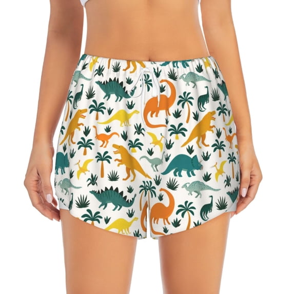 Bixox Women's Dinosaurs and Tropical Leaves pattern 2 in 1 Running Shorts - Lightweight Athletic Workout Gym Yoga Shorts Liner with Pockets - Small