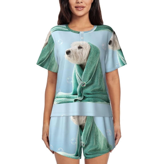 Bixox Women's Dog Wrapped in Towel Printed Pajama Set 2 Piece Lounge Set Top and Shorts Soft Pajamas, Shorts with Pockets
