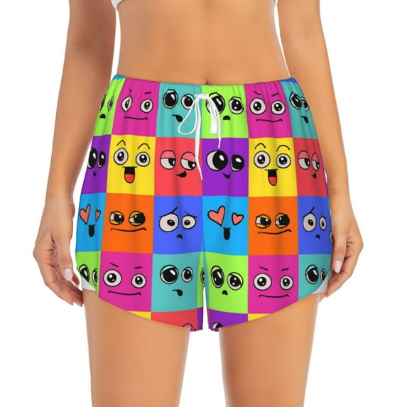 Bixox Women's Doodle Faces Emotions pattern 2 in 1 Running Shorts - Lightweight Athletic Workout Gym Yoga Shorts Liner with Pockets - XX-Large