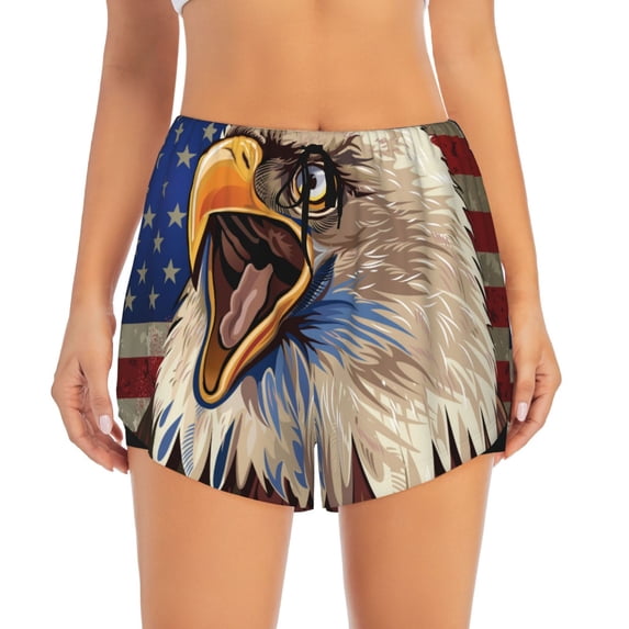 Bixox Women's Eagle With USA Flags pattern 2 in 1 Running Shorts - Lightweight Athletic Workout Gym Yoga Shorts Liner with Pockets - Small