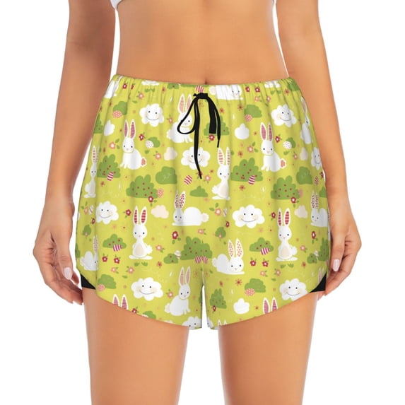 Bixox Women's Easter Bunny pattern 2 in 1 Running Shorts - Lightweight Athletic Workout Gym Yoga Shorts Liner with Pockets - Small