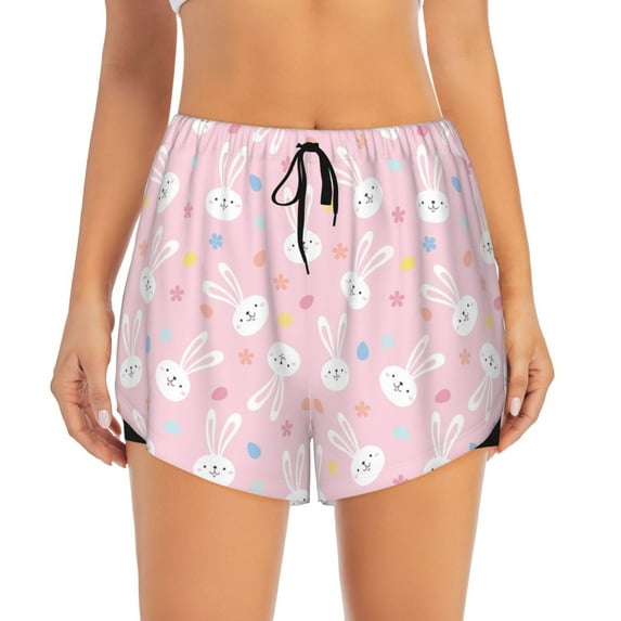 Bixox Women's Easter Cute Rabbit pattern 2 in 1 Running Shorts - Lightweight Athletic Workout Gym Yoga Shorts Liner with Pockets - Small