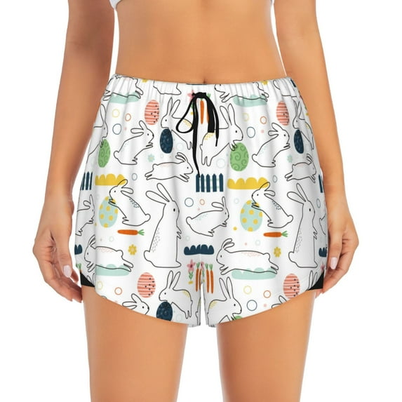 Bixox Women's Easter Rabbit pattern 2 in 1 Running Shorts - Lightweight Athletic Workout Gym Yoga Shorts Liner with Pockets - Large