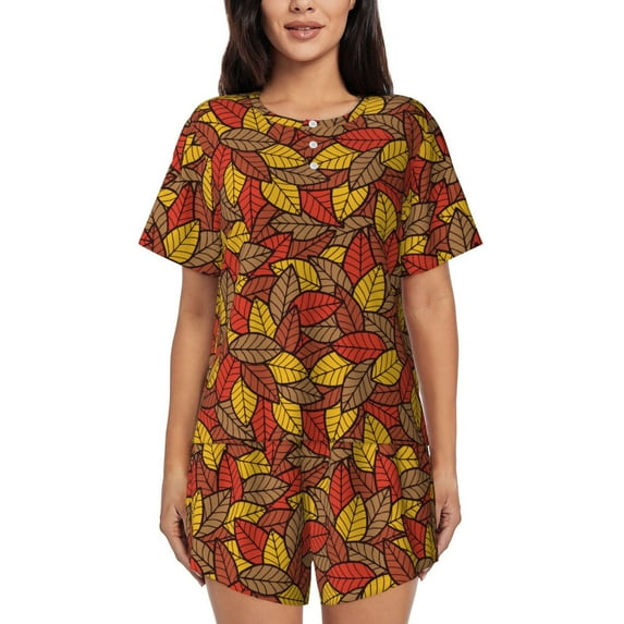 Bixox Women's Fall Leaves Printed Pajama Set 2 Piece Lounge Set Top and Shorts Soft Pajamas, Shorts with Pockets