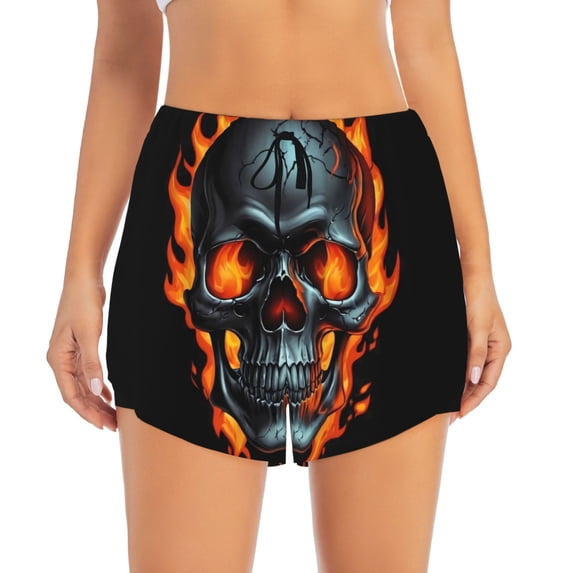 Bixox Women's Flame Metal Skull pattern 2 in 1 Running Shorts - Lightweight Athletic Workout Gym Yoga Shorts Liner with Pockets - X-Large