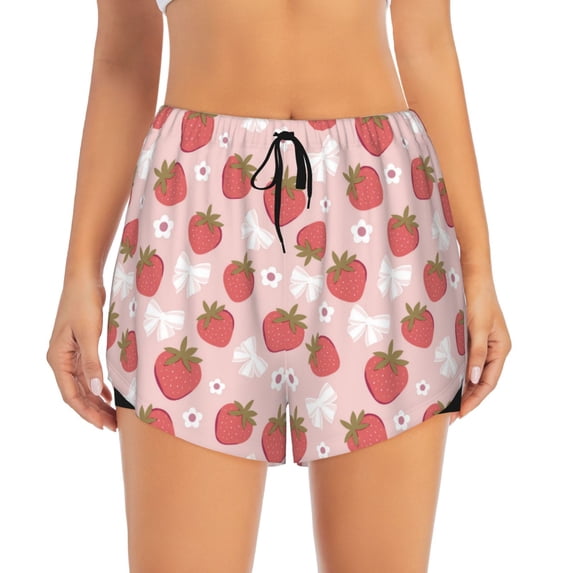 Bixox Women's Floral Strawberr pattern 2 in 1 Running Shorts - Lightweight Athletic Workout Gym Yoga Shorts Liner with Pockets - XX-Large