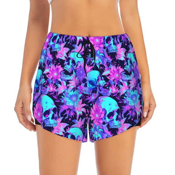 Bixox Women's Flower Happy Skull pattern 2 in 1 Running Shorts - Lightweight Athletic Workout Gym Yoga Shorts Liner with Pockets - Small