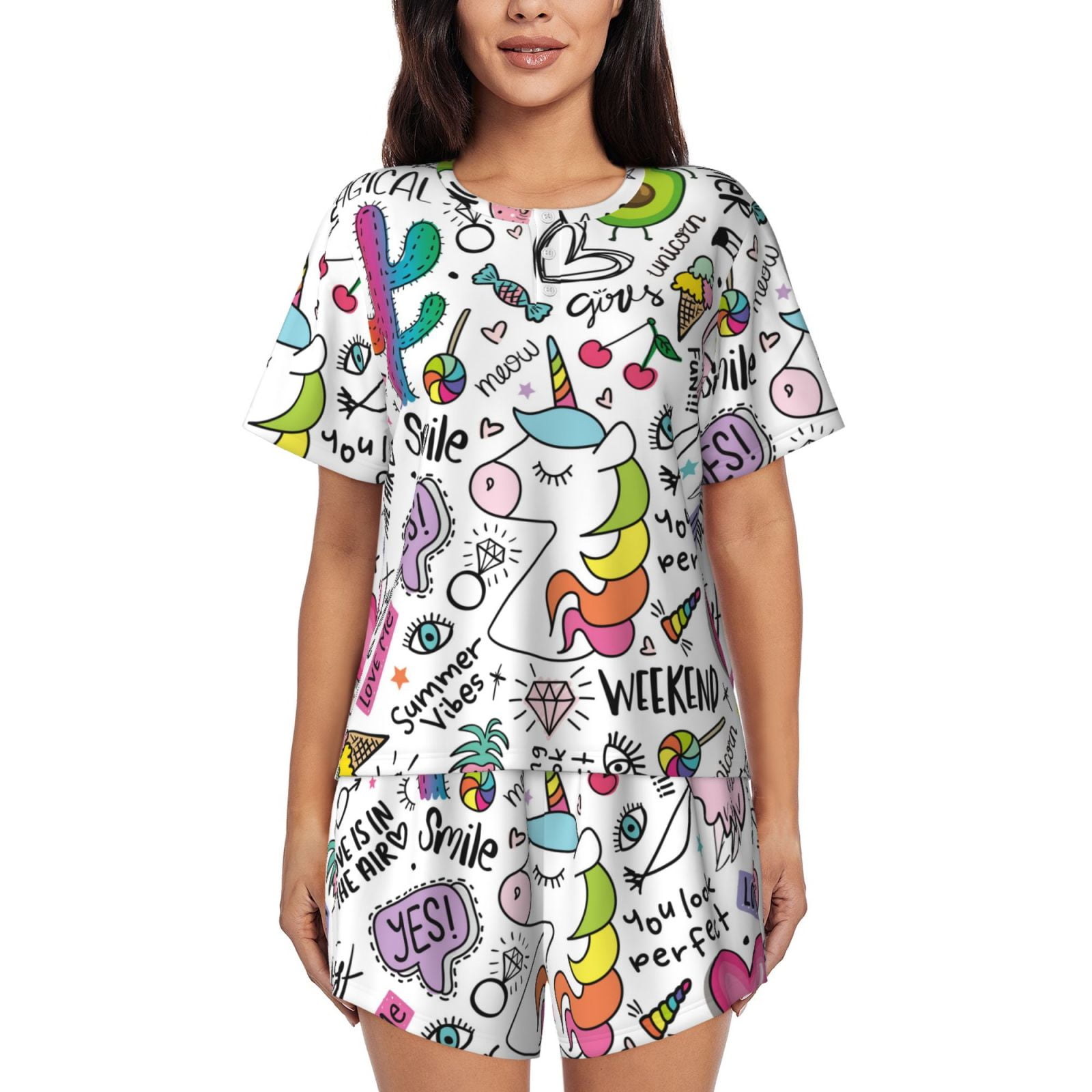 Bixox Women's Fun Animal with Unicorn Printed Pajama Set 2 Piece Lounge