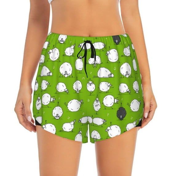 Bixox Women's Funny Sheep Doing Yoga pattern 2 in 1 Running Shorts - Lightweight Athletic Workout Gym Yoga Shorts Liner with Pockets - X-Large